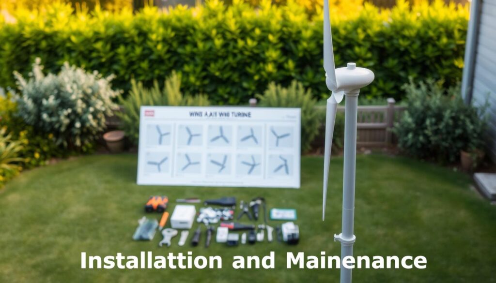 A well-lit backyard with a vertical axis wind turbine installation guide prominently displayed. The turbine stands in the foreground, its sleek design and sturdy components meticulously rendered. The middle ground showcases the step-by-step installation process, with tools and parts laid out neatly. In the background, a lush green landscape provides a serene, natural setting. The lighting is soft and diffused, creating a warm, inviting atmosphere. The image is captured from a slightly elevated angle, giving a comprehensive view of the entire setup. The level of detail and technical accuracy convey a sense of professionalism and expertise, making it an informative and visually appealing illustration for the "Installation and Maintenance" section of the article. A well-lit backyard with a vertical axis wind turbine installation guide prominently displayed. The turbine stands in the foreground, its sleek design and sturdy components meticulously rendered. The middle ground showcases the step-by-step installation process, with tools and parts laid out neatly. In the background, a lush green landscape provides a serene, natural setting. The lighting is soft and diffused, creating a warm, inviting atmosphere. The image is captured from a slightly elevated angle, giving a comprehensive view of the entire setup. The level of detail and technical accuracy convey a sense of professionalism and expertise, making it an informative and visually appealing illustration for the "Installation and Maintenance" section of the article.
