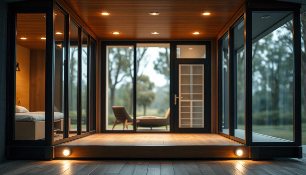 A well-lit, close-up view of a modular, prefabricated home structure. The facade features clean lines, sleek materials like glass, metal, and wood, and a minimalist, contemporary design. The middle ground showcases the modular components that can be easily assembled and disassembled, highlighting the portable and customizable nature of the structure. In the background, a soft, blurred natural setting provides a serene, natural contrast. The lighting is soft and directional, emphasizing the textures and details of the materials. The overall mood is one of efficiency, practicality, and seamless integration with the environment.