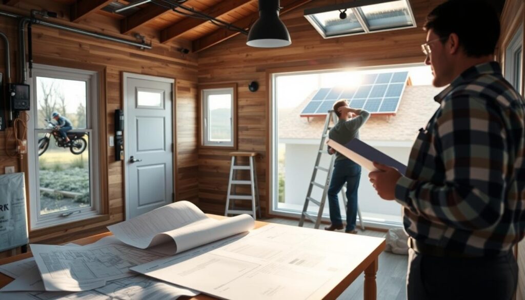 A well-lit, detailed interior scene of a modern off-grid portable home, showcasing the building codes and installation process. In the foreground, an inspector examines wiring and plumbing, clipboard in hand, while a technician installs solar panels on the roof in the middle ground. The background features a selection of architectural plans and permit documents sprawled on a desk, illuminated by soft natural light filtering through large windows. The scene conveys a sense of diligence, professionalism, and adherence to regulatory requirements for sustainable off-grid living.