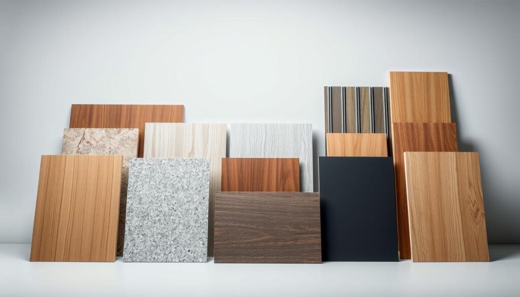 A well-lit, high-quality studio photograph of a variety of contemporary building material panels in different textures and colors, including wood, metal, and composite panels. The panels are arranged in an organized, symmetrical display to showcase their diverse properties and aesthetic qualities. The lighting is soft and flattering, emphasizing the tactile nature and visual appeal of the materials. The camera angle is slightly elevated to provide an overall view of the display, while maintaining a sense of detail and clarity. The background is a plain, neutral color that allows the material panels to be the central focus of the image.