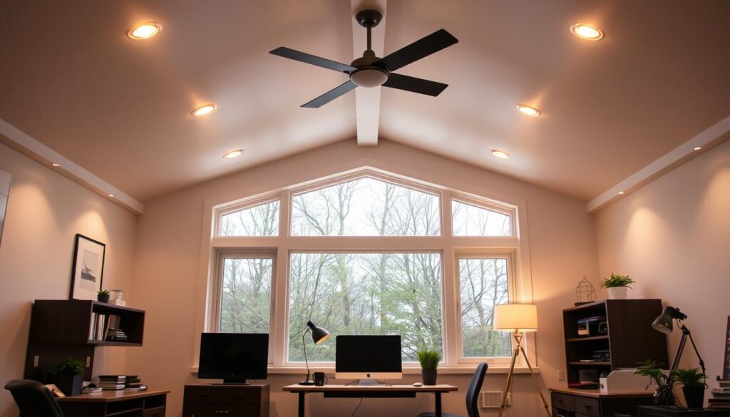 A well-lit home office in a converted shed, illuminated by a sleek, modern lighting system. The overhead lights cast a warm, even glow, accentuating the clean lines and minimalist decor. Natural light filters in through large windows, creating a bright and airy atmosphere. Strategically placed task lamps provide targeted illumination for desk work, while recessed ceiling lights bathe the space in a soft, ambient light. The lighting seamlessly integrates with the office's power and climate control systems, ensuring a comfortable and productive environment. A well-lit home office in a converted shed, illuminated by a sleek, modern lighting system. The overhead lights cast a warm, even glow, accentuating the clean lines and minimalist decor. Natural light filters in through large windows, creating a bright and airy atmosphere. Strategically placed task lamps provide targeted illumination for desk work, while recessed ceiling lights bathe the space in a soft, ambient light. The lighting seamlessly integrates with the office's power and climate control systems, ensuring a comfortable and productive environment.