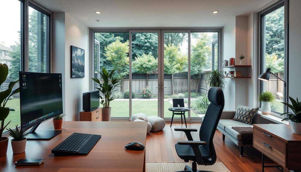 A well-lit, modern home office with a sleek, minimalist design. In the foreground, a large, ergonomic desk with a high-quality computer setup, including a curved ultrawide monitor, a minimalist mechanical keyboard, and a premium mouse. Warm, wooden accents and potted plants add a touch of nature. The middle ground features a comfortable, adjustable office chair and a cozy reading nook with a plush armchair and a small side table. The background showcases floor-to-ceiling windows, allowing natural light to flood the space and offering a scenic view of a lush, verdant backyard. The overall atmosphere is one of productivity, comfort, and inspiration.