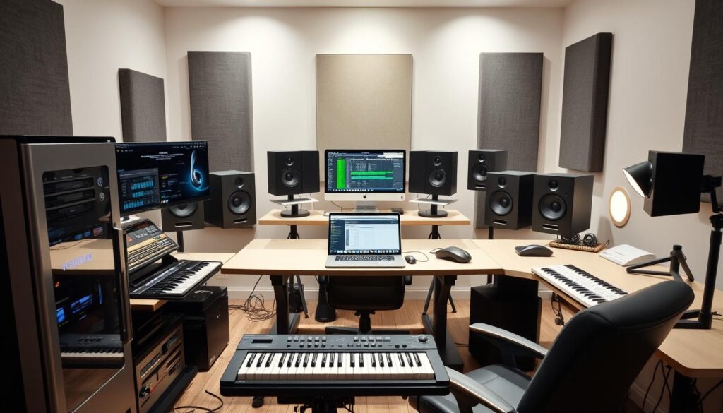 A well-lit, modern home studio setup featuring state-of-the-art computers optimized for music production. In the foreground, a sleek, high-performance desktop PC with multiple displays, audio interfaces, and a MIDI keyboard. In the middle ground, a powerful laptop with audio editing software open, surrounded by professional-grade studio monitors and sound-dampening acoustic panels. The background showcases an elegant, minimalist workspace with ample desk space, ergonomic seating, and strategic cable management, creating a visually appealing and distraction-free environment. The lighting is balanced, with a combination of natural daylight and focused task lighting, enhancing the overall atmosphere of a professional, yet comfortable, music production setup.