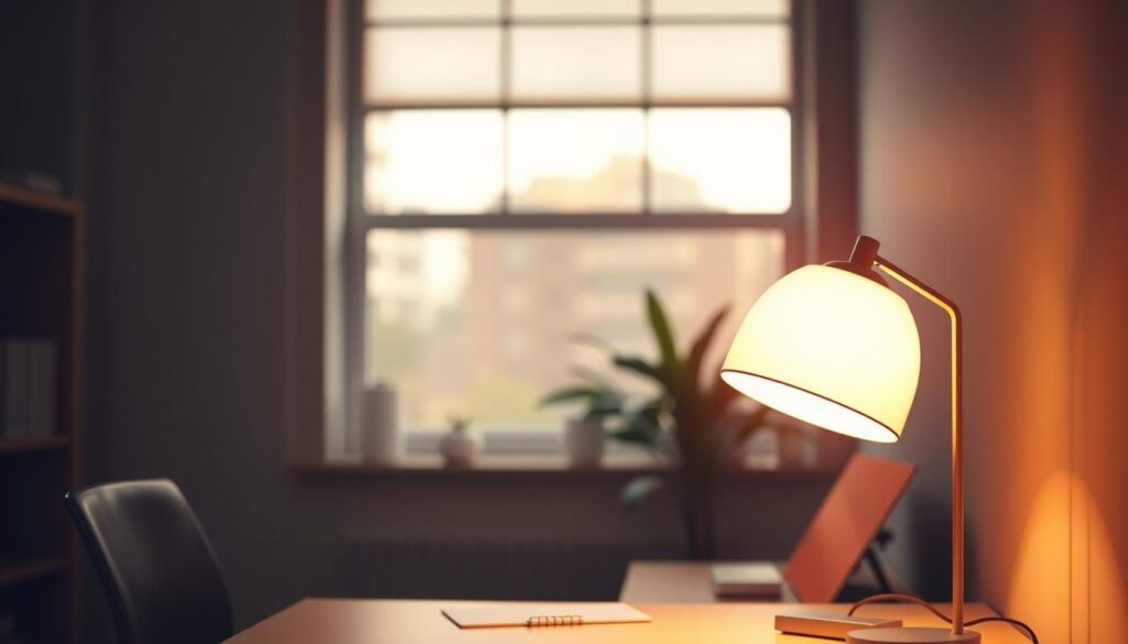 A well-lit office space with warm, diffused lighting that creates a productive and inviting atmosphere. The scene features a large window in the background, allowing natural light to fill the room. In the foreground, a sleek, minimalist desk lamp casts a soft, ambient glow, illuminating the workspace. The walls are a soothing, neutral color, enhancing the calming, focused energy of the space. The lighting is balanced, neither too bright nor too dim, promoting concentration and productivity. The overall mood is one of clarity, serenity, and efficiency, reflecting the optimization of a small office environment.