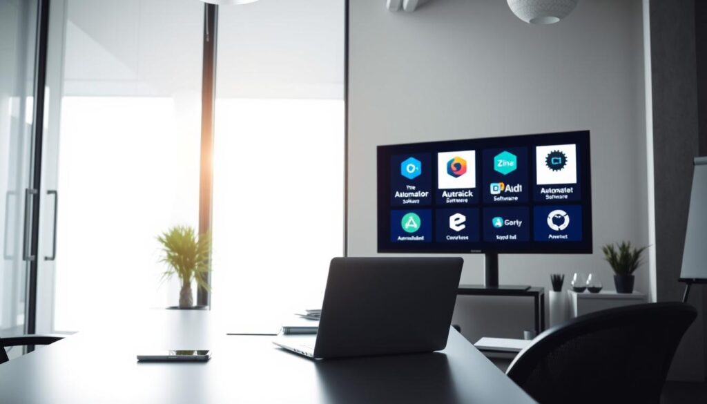 A well-lit, wide-angle shot of a modern, minimalist office workspace. In the foreground, a sleek desk with a laptop, smartphone, and a few office supplies. In the middle ground, various automation software icons and logos are displayed on a large monitor, showcasing different platforms. The background features floor-to-ceiling windows, allowing natural light to stream in and create a bright, airy atmosphere. The overall scene conveys a sense of efficiency, productivity, and the seamless integration of automation tools into the professional work environment.