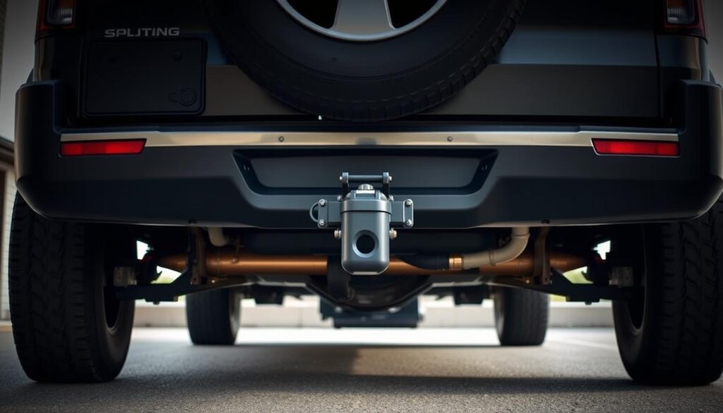 A well-maintained tow vehicle with a prominent hitch, positioned in a driveway or parking lot. The vehicle is captured from a low, three-quarter angle, showcasing its size, power, and towing capabilities. The background is a muted, slightly out-of-focus scene, allowing the tow vehicle to be the focal point. The lighting is soft and natural, casting subtle shadows that accentuate the vehicle's details. The overall mood is one of functionality and preparedness, conveying the importance of choosing the right tow vehicle for a portable home.