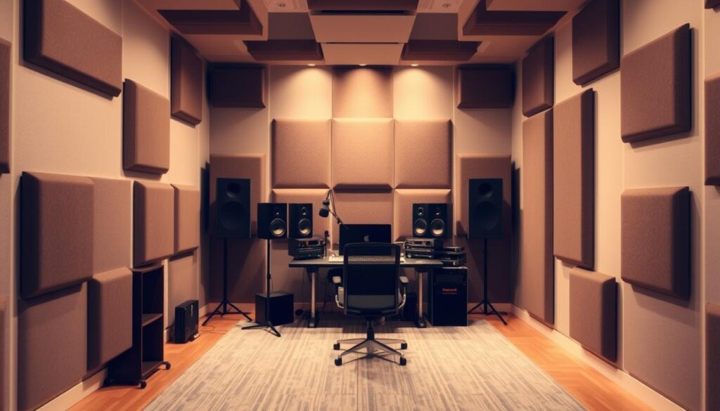 An acoustically treated home studio space with sound-absorbing panels on the walls, floor, and ceiling. The panels are made of high-density foam or fabric-covered acoustic insulation, arranged in a visually appealing geometric pattern to enhance the room's aesthetics. Soft, diffused lighting illuminates the space, creating a warm, inviting atmosphere conducive to music production and recording. The studio is free of clutter, with strategically placed equipment and a clean, minimalist design that prioritizes functionality and sound quality. The image conveys a sense of acoustic optimization, creative focus, and a well-designed, professional-grade home studio environment.