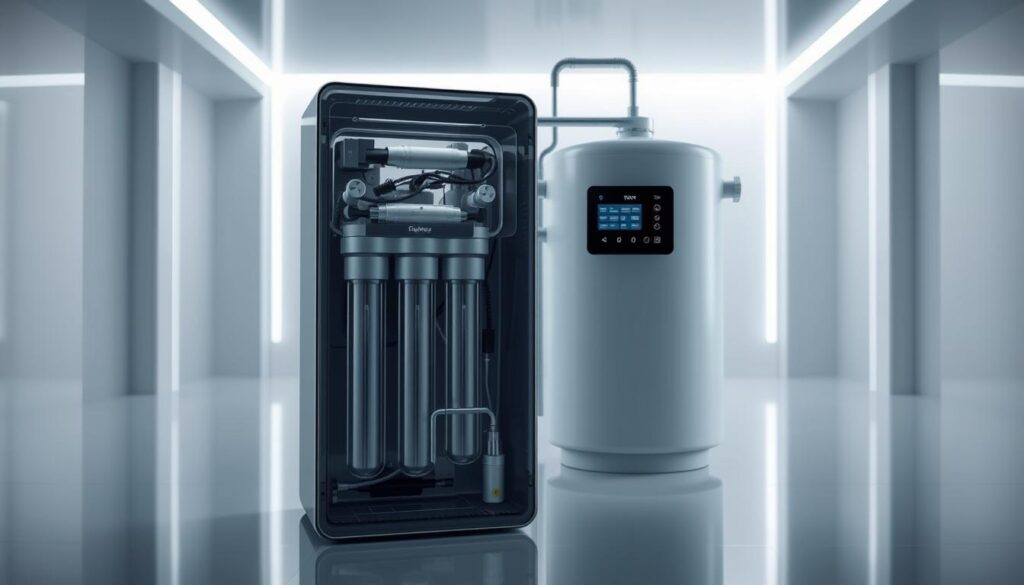 An advanced RO (reverse osmosis) water purifier system with a sleek, modern design. The foreground features the purifier unit with a transparent housing revealing the internal components - high-efficiency membranes, smart sensors, and a compact control panel with an intuitive digital display. In the middle ground, a network of pipes and valves connect the purifier to a large, cylindrical storage tank. The background showcases a minimalist, high-tech interior with clean lines, subdued lighting, and a futuristic ambiance. The overall scene conveys the cutting-edge technology, intelligence, and efficiency of this next-generation RO system designed for the modern home.