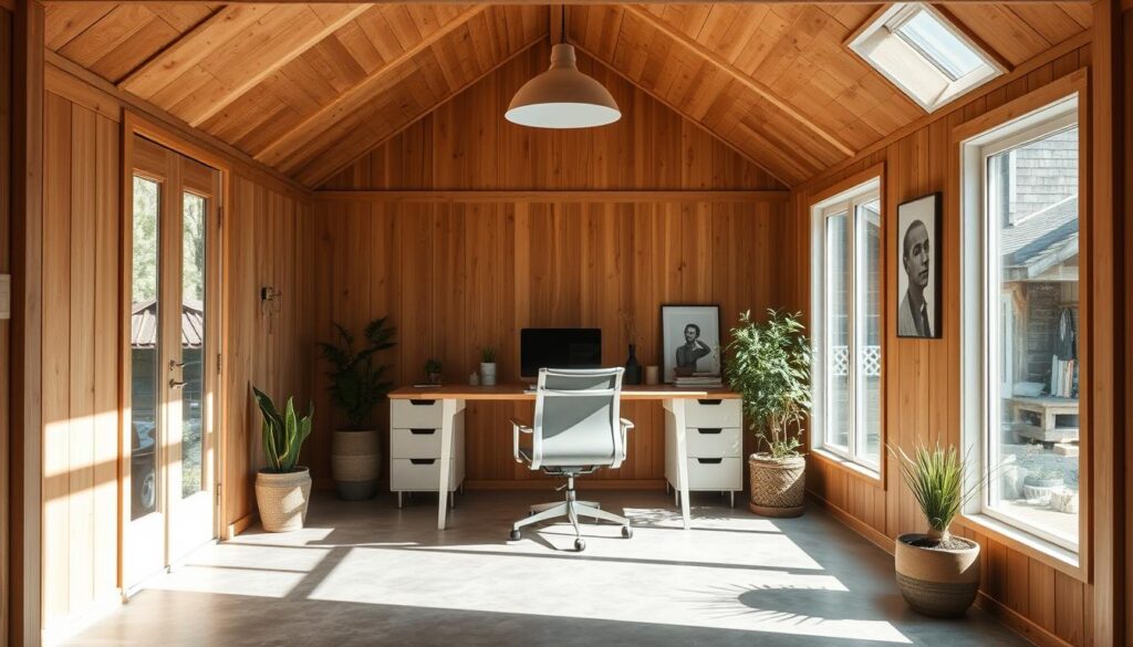 An airy, sun-drenched interior of a cozy shed-turned-office. The space features warm wood-paneled walls, smooth concrete floors, and large windows that invite natural light. Sleek, minimal furniture like a mid-century modern desk and ergonomic chair create a refined, uncluttered atmosphere. Overhead, a modern industrial-style pendant light casts a soft, diffused glow. Potted plants and a few artful decorative accents add gentle pops of color, complementing the neutral palette. The overall impression is one of a serene, functional workspace that feels like an extension of the home. An airy, sun-drenched interior of a cozy shed-turned-office. The space features warm wood-paneled walls, smooth concrete floors, and large windows that invite natural light. Sleek, minimal furniture like a mid-century modern desk and ergonomic chair create a refined, uncluttered atmosphere. Overhead, a modern industrial-style pendant light casts a soft, diffused glow. Potted plants and a few artful decorative accents add gentle pops of color, complementing the neutral palette. The overall impression is one of a serene, functional workspace that feels like an extension of the home.