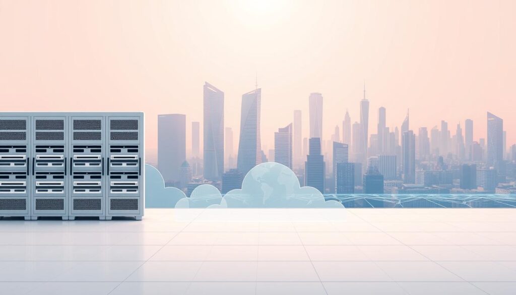 An architectural illustration of a modern cloud computing platform, with a focus on scalable infrastructure and flexible deployment options. In the foreground, a sleek and modular server rack system with a minimalist design, showcasing advanced cooling and power management technologies. In the middle ground, a network of interconnected cloud servers, represented by simplified geometric shapes in muted colors, conveying a sense of efficiency and scalability. In the background, a cityscape with towering skyscrapers and a vibrant, futuristic skyline, symbolizing the global reach and ubiquity of cloud-based services. The scene is illuminated by a soft, diffused light, creating a serene and professional atmosphere that emphasizes the reliable and cutting-edge nature of the cloud computing platform.