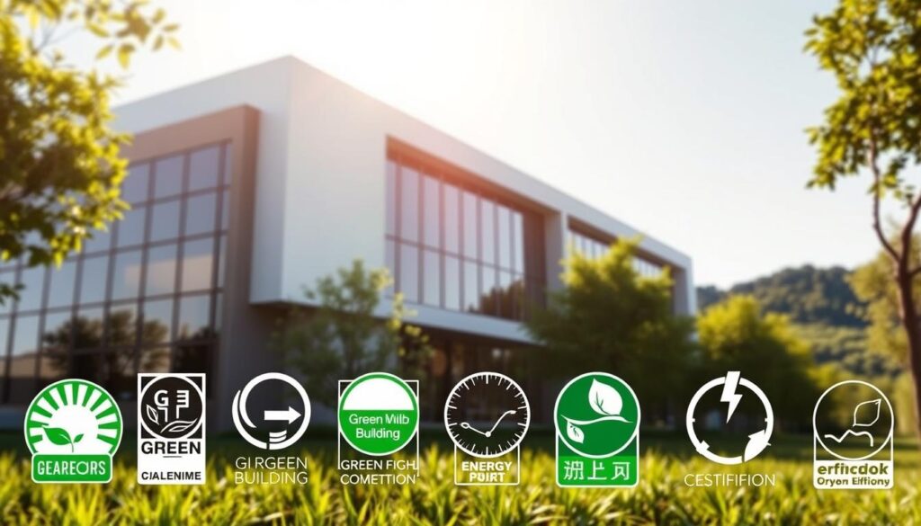 An architectural rendering of a modern green building exterior, bathed in warm natural lighting. In the foreground, various green building certification logos and badges are prominently displayed, reflecting the building's commitment to sustainable design and energy efficiency. The middle ground features the building's clean, minimalist facade with large windows and sleek, angular lines. In the background, a lush, verdant landscape with trees and foliage provides a serene, eco-friendly backdrop. The overall composition conveys a sense of environmental responsibility and progressive, forward-thinking design.