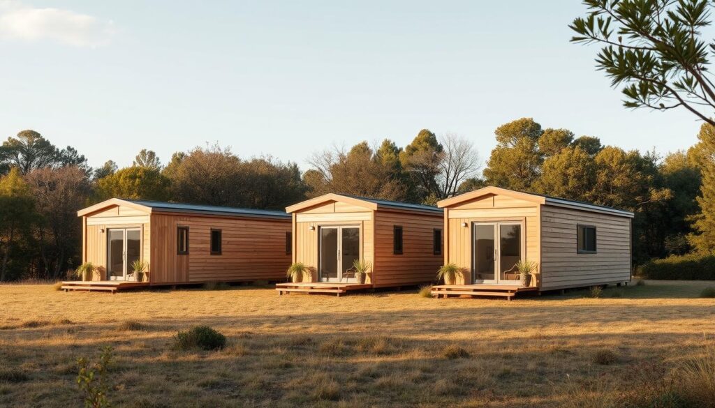 An artfully crafted arrangement of modular homes nestled against a serene natural backdrop. The structures feature clean, minimalist lines and a palette of warm, earthy tones that blend seamlessly with the surrounding landscape. Soft, diffused natural lighting bathes the scene, creating a sense of tranquility and harmony. The homes are positioned to maximize space efficiency and privacy, showcasing the versatility and adaptability of this innovative living solution. This vision captures the essence of compact, portable living - a practical and thoughtful response to modern spatial constraints.