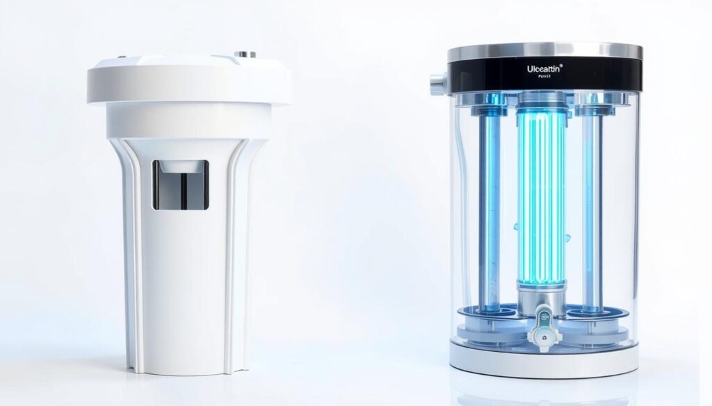 An evenly lit, high-resolution, photorealistic image showcasing a side-by-side comparison of a reverse osmosis (RO) water purifier and a UV water purifier on a clean, white background. The RO purifier is depicted with its internal membrane structure visible, while the UV purifier has its UV lamp component highlighted. Both systems are shown in crisp detail, allowing for clear examination of their key technical components and differences. The overall composition is balanced, with the two purifiers presented in a clear, informative manner to facilitate an objective assessment of their respective features and capabilities.