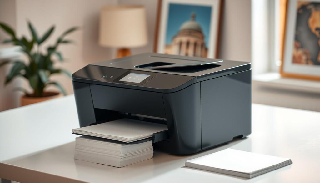 An inkjet printer standing on a sleek, minimalist desk, its glossy black exterior catching the soft, indirect light filtering in through a nearby window. The printer's distinct angular design and recessed control panel convey a sense of modern, efficient technology. In the foreground, a stack of crisp, white paper awaits the printer's output, while in the background, a potted plant and a framed artwork suggest a harmonious home office environment. The overall scene evokes a balance between form and function, hinting at the versatility and user-friendliness of this type of printer.