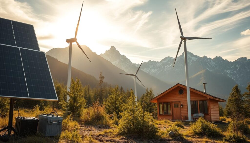 An off-grid outdoor scene, bathed in warm golden sunlight filtering through wispy clouds. In the foreground, a well-equipped solar power system with sleek panels, batteries, and a wind turbine stand tall, their modern design blending seamlessly with the natural surroundings. In the middle ground, a compact, eco-friendly cabin nestled among lush greenery, its wooden exterior and large windows creating a harmonious connection with the landscape. In the background, rugged mountains rise majestically, their peaks dusted with snow, conveying a sense of remote, untamed wilderness. The overall atmosphere is one of self-reliance, sustainability, and the joy of living in balance with nature.
