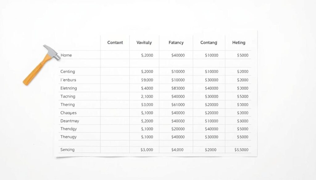 An overhead view of a table with various cost items neatly organized into a spreadsheet-like layout. The table has clean lines, with subtle grid patterns separating the rows and columns. Each line item is represented by a simple icon or symbol, such as a hammer for construction, a lightbulb for electricity, or a bed for housing. The background is a soft, neutral tone, allowing the cost breakdown to be the focal point. The lighting is bright and even, creating a sense of clarity and precision. The overall mood is professional, efficient, and informative, perfectly suited to illustrate a detailed cost breakdown for a portable home project.