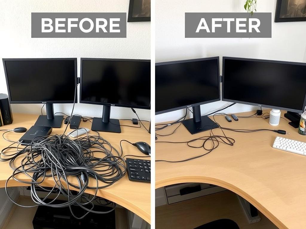 Before and after cable management for dual monitor setup
