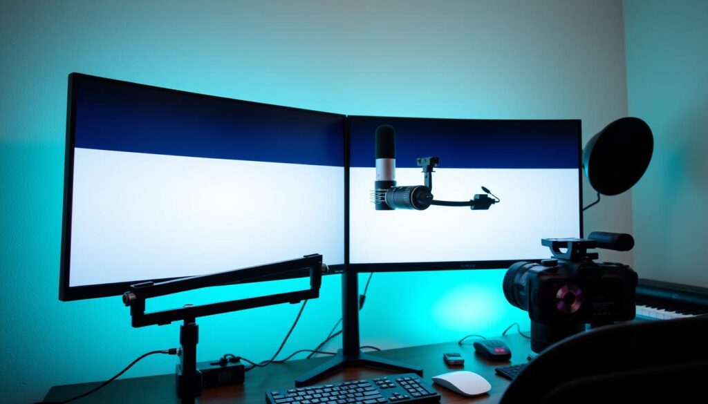 Content creator dual monitor desk setup