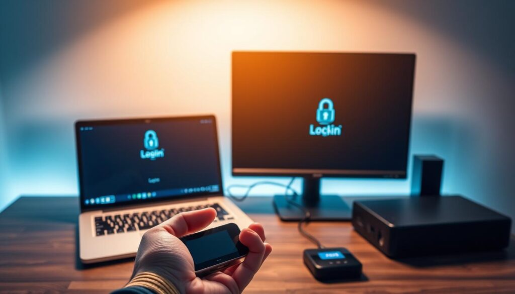 Credentials security: a sleek desktop setup with a dual-monitor display, a corporate laptop, and a secure authentication device. The scene is illuminated by soft, directional lighting, creating a professional and authoritative atmosphere. The laptop's screen shows a login prompt, emphasizing the importance of access control. In the foreground, a hand hovers over the authentication device, ready to provide secure access. The overall composition suggests the need for robust credential management and data protection in a modern workflow automation environment.