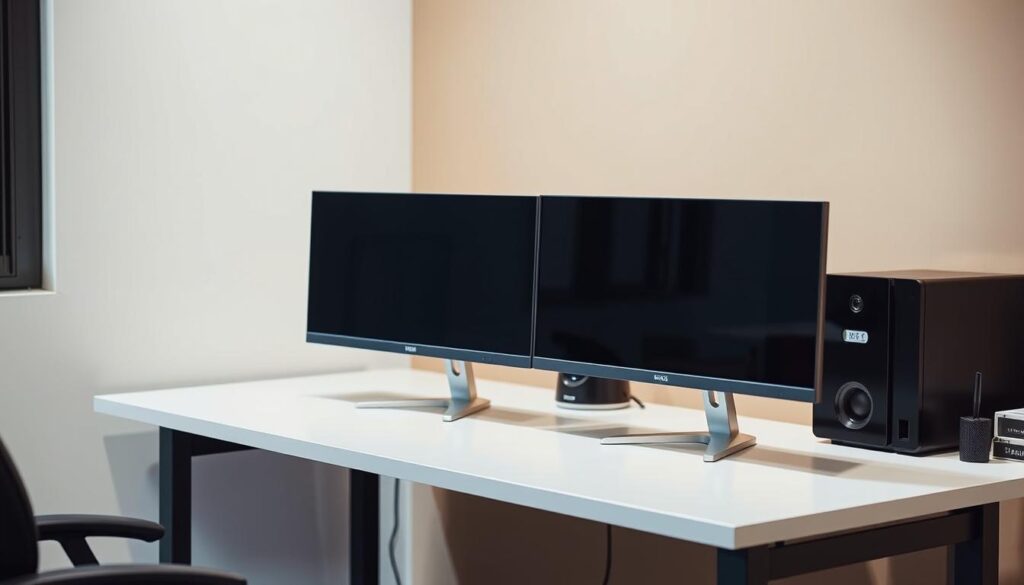 Curved arrangement dual monitor setup for productivity