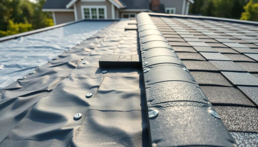 Detailed and realistic 3D rendering of roof underlayment and shingles, showcasing the construction process. Foreground features a close-up view of tar paper or synthetic underlayment being carefully installed, with visible overlapping seams and fasteners. Middle ground shows a section of the roof with high-quality asphalt shingles in a classic architectural style, realistically rendered with intricate textures and shadows. Background includes a slightly blurred view of the surrounding house, with natural lighting filtering through the shingles. Cinematic camera angle provides a sense of depth and professional quality. The scene conveys a sense of craftsmanship and attention to detail suitable for a DIY home improvement guide.