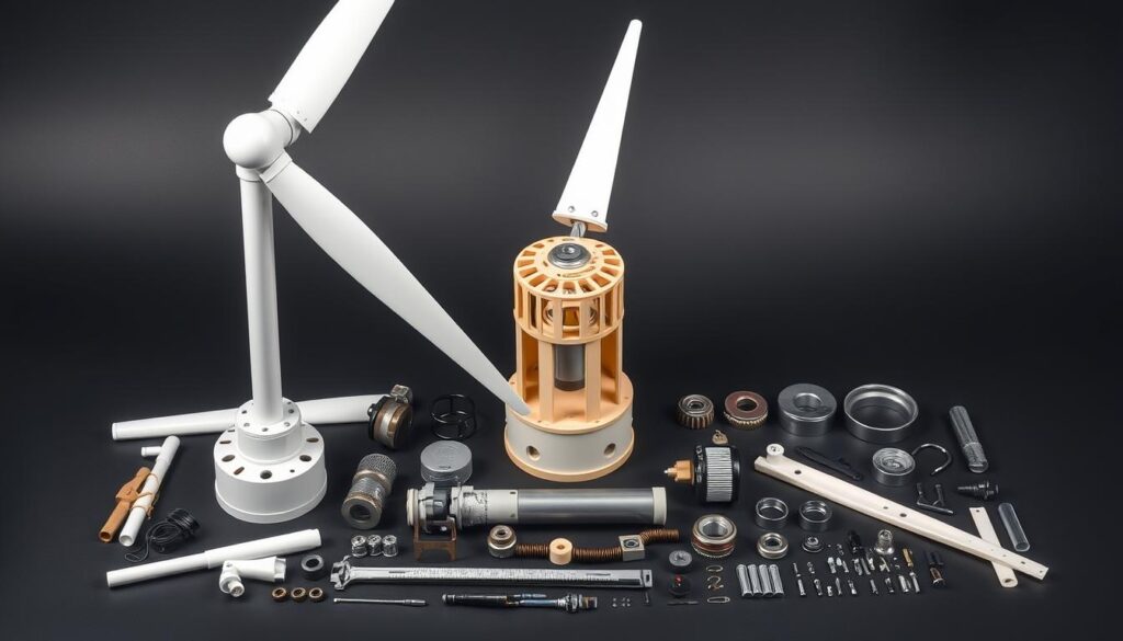 Detailed arrangement of DIY wind turbine components in a well-lit, high-resolution studio shot. Foreground showcases a tower base, rotor blades, and a generator; middle ground features a nacelle and a tail; background depicts a variety of smaller parts like bearings, gears, and fasteners. Crisp, evenly distributed lighting accentuates the textures and shapes of the components. Photographed from a slight angle to provide depth and clarity. Conveys a sense of precision engineering and the DIY spirit of building a vertical axis wind turbine at home. Detailed arrangement of DIY wind turbine components in a well-lit, high-resolution studio shot. Foreground showcases a tower base, rotor blades, and a generator; middle ground features a nacelle and a tail; background depicts a variety of smaller parts like bearings, gears, and fasteners. Crisp, evenly distributed lighting accentuates the textures and shapes of the components. Photographed from a slight angle to provide depth and clarity. Conveys a sense of precision engineering and the DIY spirit of building a vertical axis wind turbine at home.