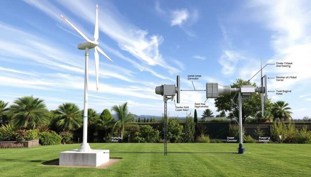 Detailed technical diagram of a backyard vertical axis wind turbine installation. A large wind turbine with a sleek, modern design sits on a sturdy concrete foundation in the foreground, surrounded by lush greenery and a tranquil garden setting. The middle ground showcases the various components of the turbine, including the rotor, generator, and tower, with clear labeling and annotations to guide the installation process. The background features a clear blue sky with wispy clouds, creating a serene and inviting atmosphere. The lighting is natural and evenly distributed, highlighting the turbine's intricate details. The perspective is slightly elevated, allowing for a comprehensive view of the entire setup. Detailed technical diagram of a backyard vertical axis wind turbine installation. A large wind turbine with a sleek, modern design sits on a sturdy concrete foundation in the foreground, surrounded by lush greenery and a tranquil garden setting. The middle ground showcases the various components of the turbine, including the rotor, generator, and tower, with clear labeling and annotations to guide the installation process. The background features a clear blue sky with wispy clouds, creating a serene and inviting atmosphere. The lighting is natural and evenly distributed, highlighting the turbine's intricate details. The perspective is slightly elevated, allowing for a comprehensive view of the entire setup.