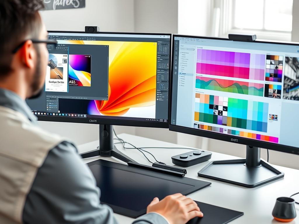 Dual monitor setup for graphic design and creative work