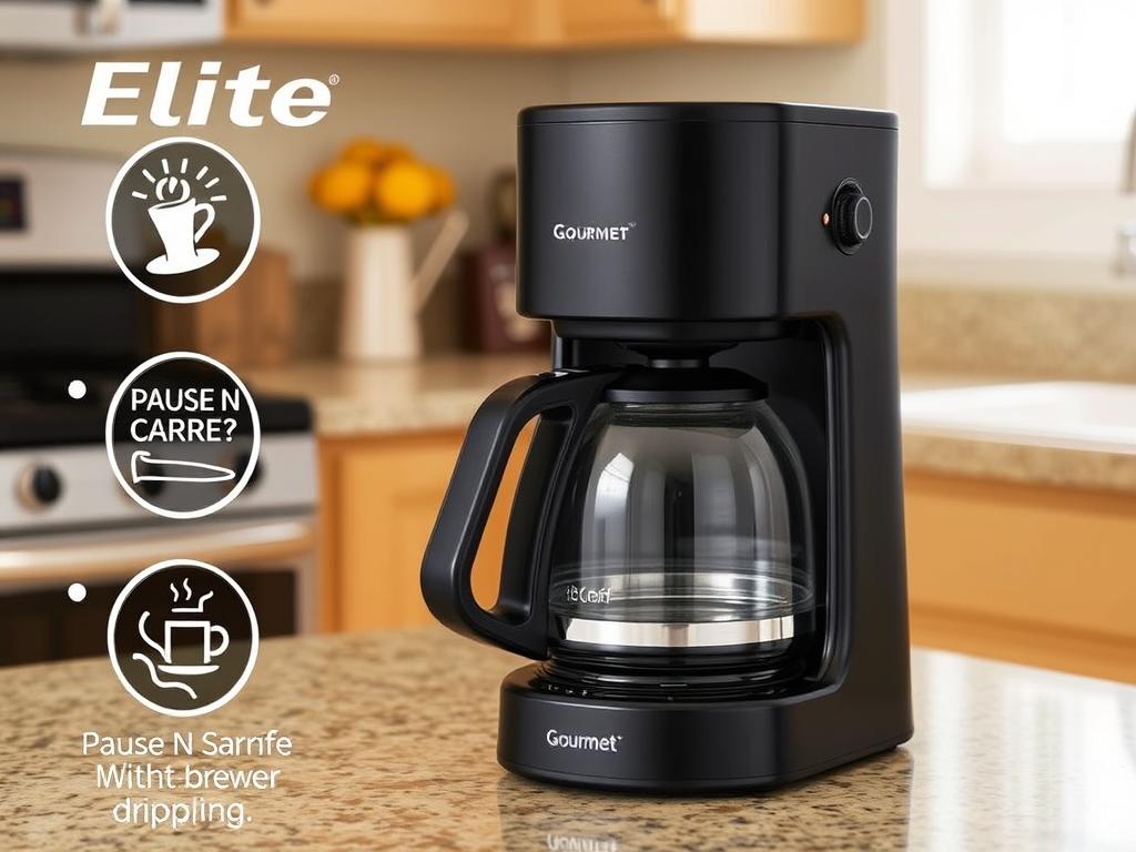 Elite Gourmet 5-Cup Coffee Maker with Pause N Serve feature and reusable filter
