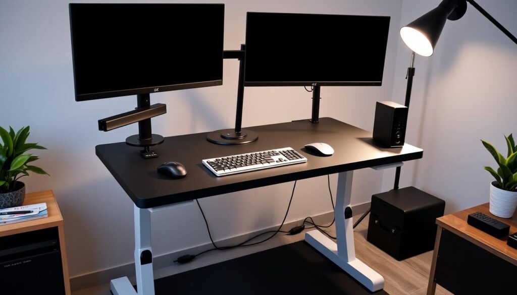 Ergonomic dual monitor standing desk setup
