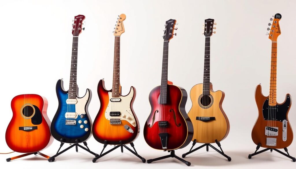 Four main types of guitars: acoustic, electric, classical, and bass guitars displayed side by side