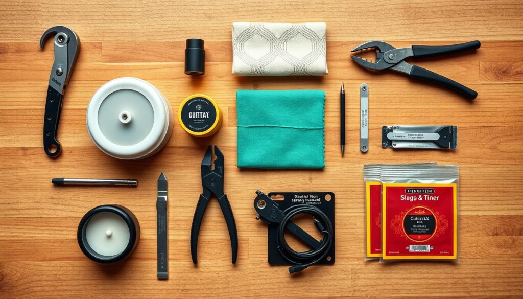 Guitar maintenance tools and supplies including string winder, polish, and cleaning cloth