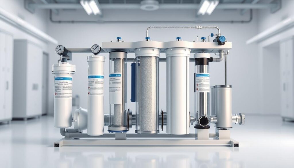 Highly detailed and realistic 3D rendering of a set of reverse osmosis water filtration system components. Show the various filter cartridges, semi-permeable membranes, and other key elements in the foreground, arranged in an informative cutaway or exploded view. Depict the system in a clean, well-lit laboratory or industrial setting, with a neutral background that emphasizes the technical nature of the subject. Use a shallow depth of field and soft, directional lighting to make the filters and membranes the focal point. Render the materials and textures with exceptional realism and attention to detail, showcasing the engineering and functionality of a high-quality reverse osmosis filtration system.