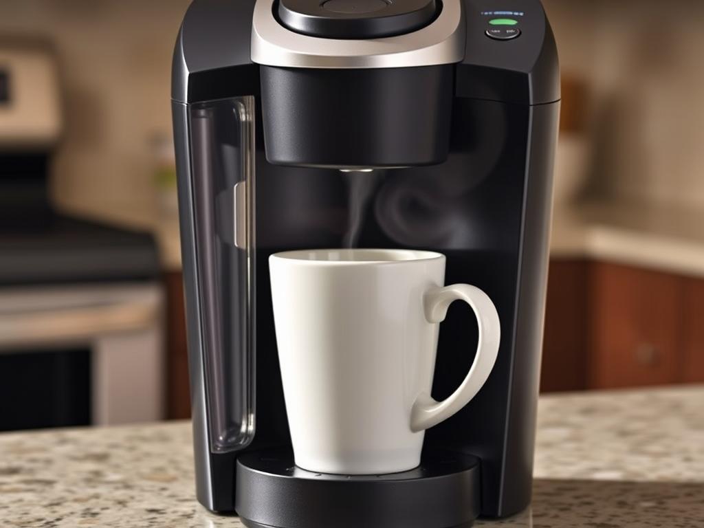 Keurig K-Classic coffee maker brewing a cup of coffee with steam rising