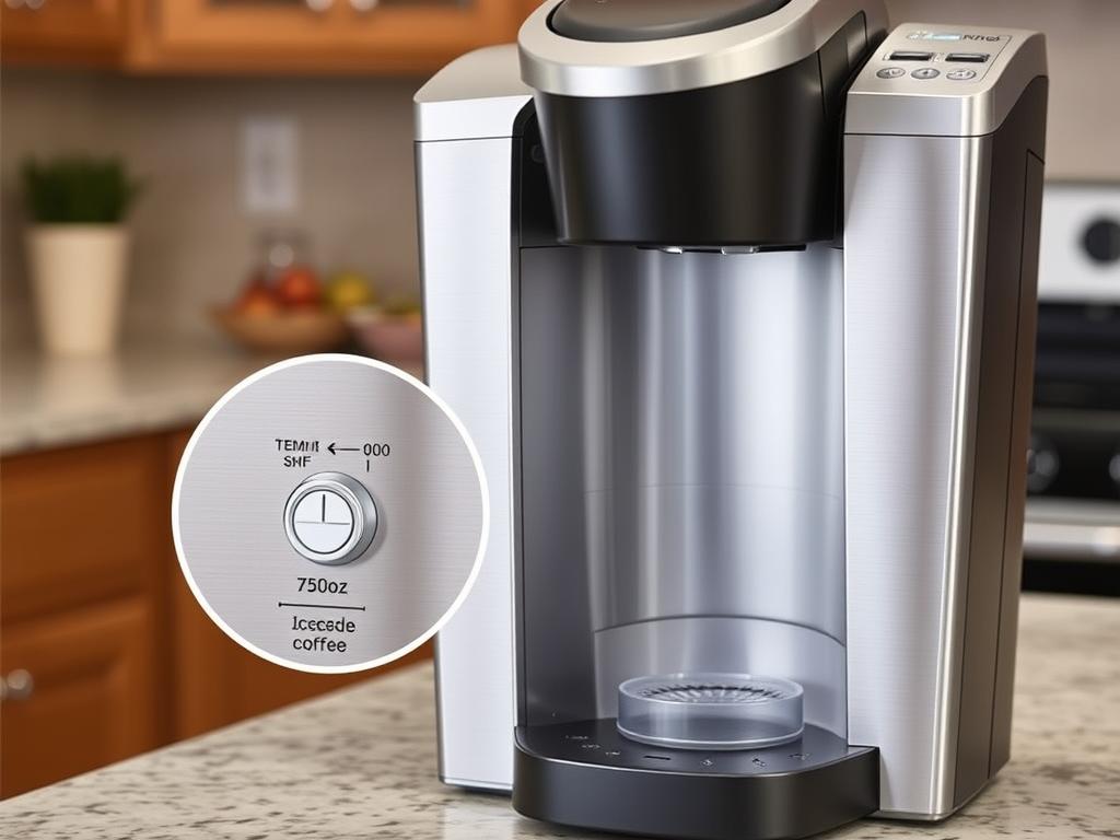 Keurig K-Elite coffee maker showing temperature control panel and iced coffee setting