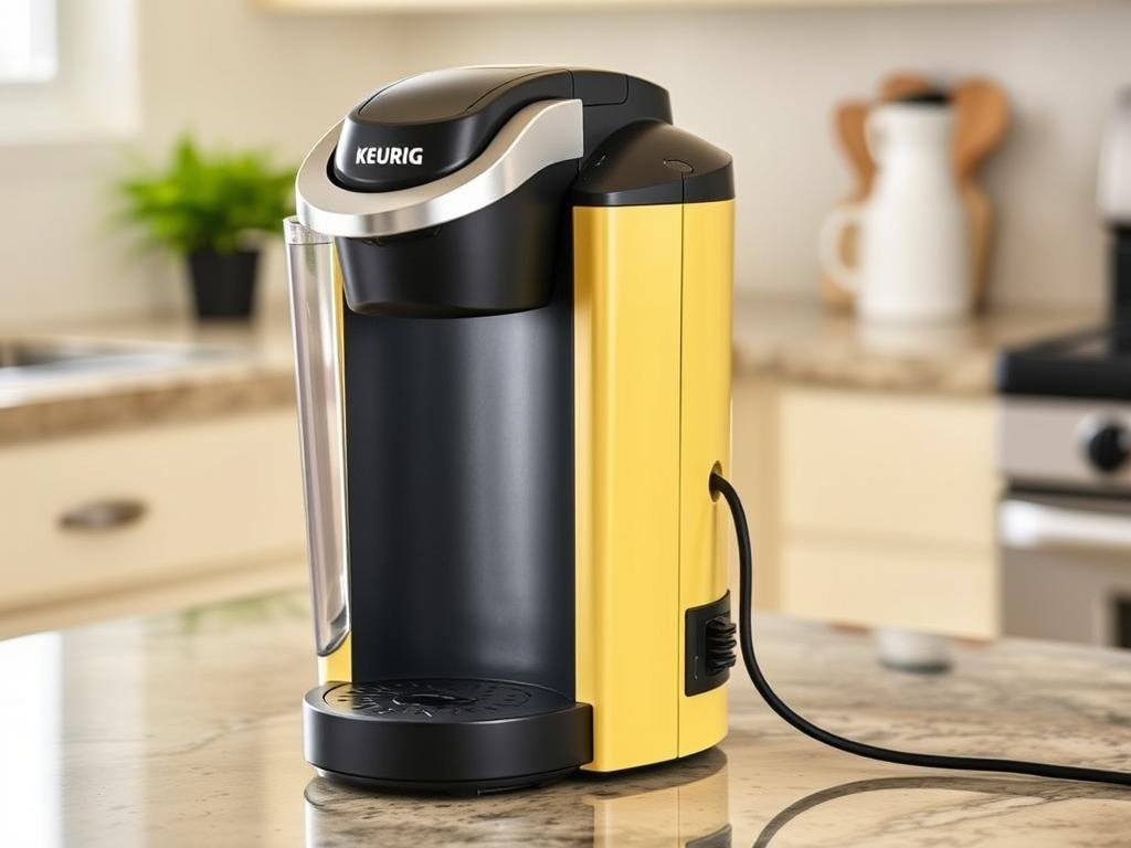 Keurig K-Mini coffee maker in a colorful finish showing its compact size with cord storage