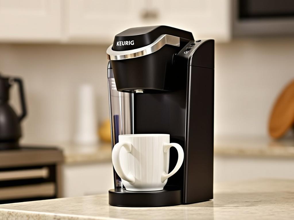 Keurig K-Slim coffee maker showing its narrow profile design on a kitchen counter