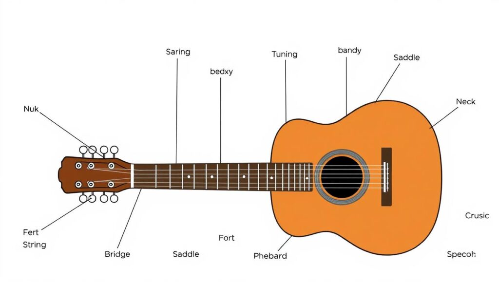 Labeled diagram of acoustic guitar parts showing headstock, neck, body, and all major components