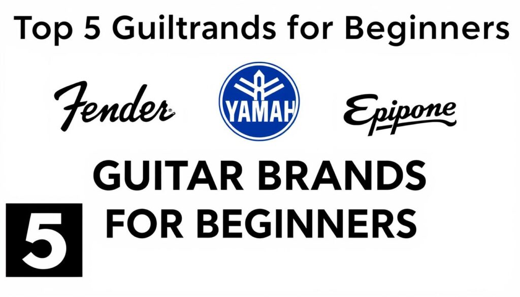 Logos of top five guitar brands for beginners: Fender, Yamaha, Epiphone, Ibanez, and Taylor