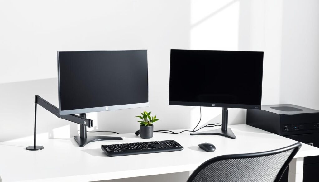 Minimalist dual monitor desk setup for productivity