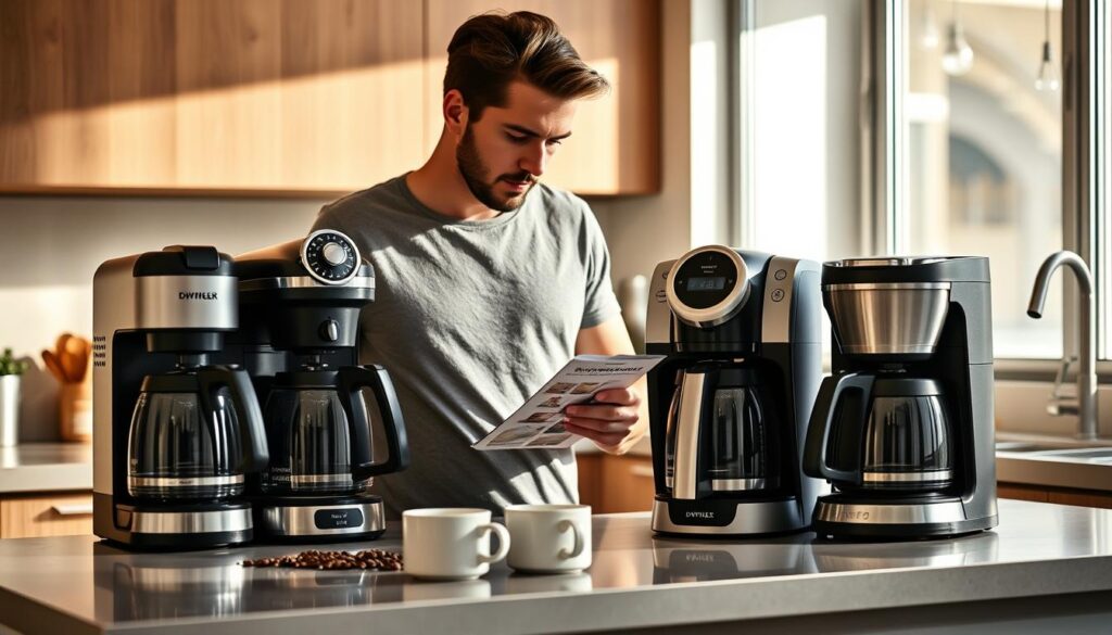 Person comparing different coffee makers in a kitchen setting