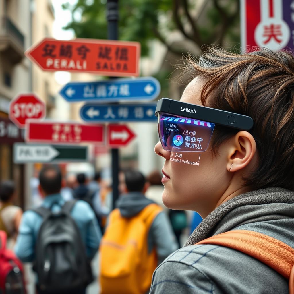 Person using AI glasses while traveling in a foreign country