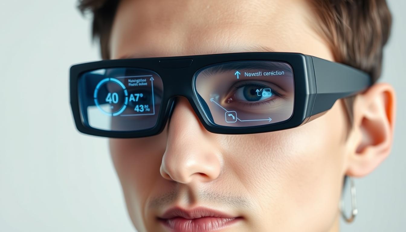 Person wearing AI glasses with digital interface visible