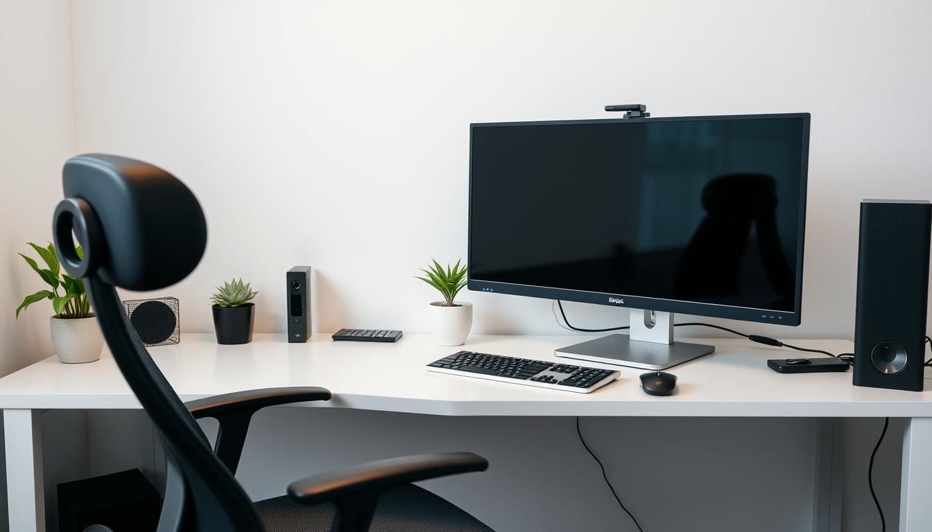 Professional dual monitor desk setup for productivity with ergonomic positioning