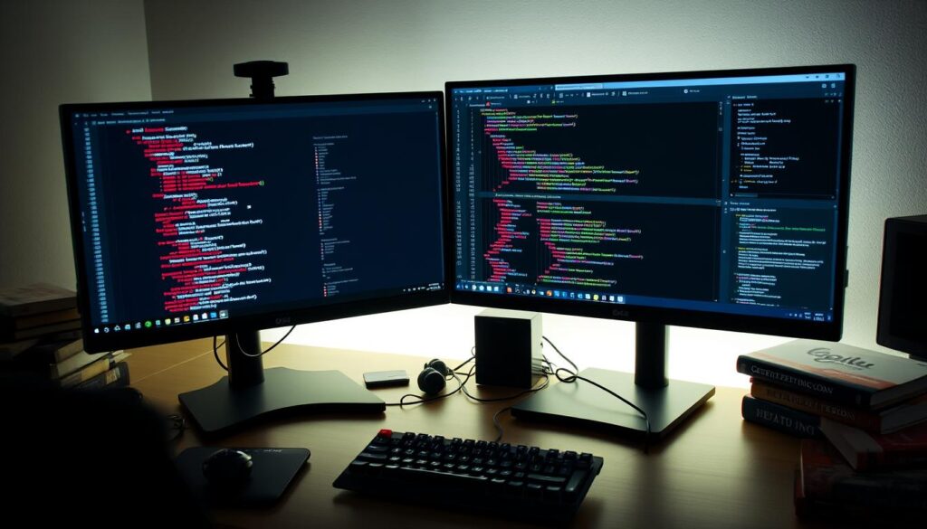 Programmer's dual monitor desk setup for productivity
