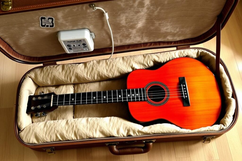 Properly stored guitar in case with humidifier