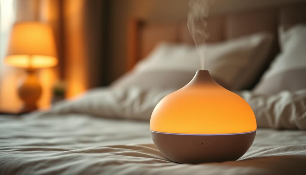 Serene scented diffuser for a cozy bedroom, softly glowing with ambient light. A minimalist porcelain vessel filled with fragrant essential oils, emitting a gentle mist. Neutral tones, smooth curves, and a tranquil atmosphere to promote deep, restful sleep. Captured in a close-up, low-angle shot to highlight the device's elegant design and calming presence. Warm, diffused lighting creates a comforting, spa-like ambiance. The bedroom setting is blurred in the background, emphasizing the diffuser as the focal point. Serene scented diffuser for a cozy bedroom, softly glowing with ambient light. A minimalist porcelain vessel filled with fragrant essential oils, emitting a gentle mist. Neutral tones, smooth curves, and a tranquil atmosphere to promote deep, restful sleep. Captured in a close-up, low-angle shot to highlight the device's elegant design and calming presence. Warm, diffused lighting creates a comforting, spa-like ambiance. The bedroom setting is blurred in the background, emphasizing the diffuser as the focal point.