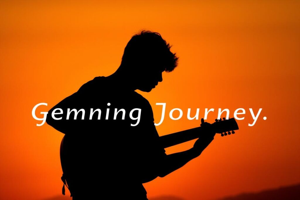 Silhouette of person playing guitar at sunset, representing the beginning of a musical journey