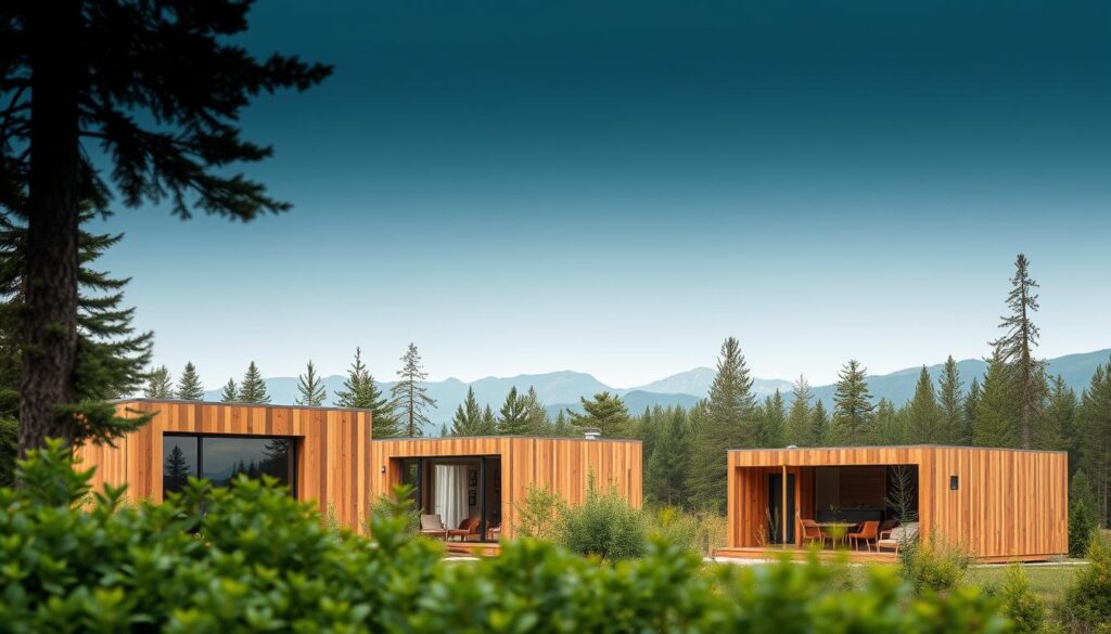 Sleek and minimalist modular homes nestled in a serene forest landscape. Geometric wooden structures with large panoramic windows that seamlessly blend with the natural surroundings. Warm, earthy tones complement the verdant foliage in the foreground, while the distant mountains provide a majestic backdrop. Soft, diffused lighting accentuates the clean lines and sustainable materials, conveying a sense of tranquility and eco-conscious living. The modular design suggests flexibility, portability and ease of assembly, capturing the essence of sustainable, off-grid living.