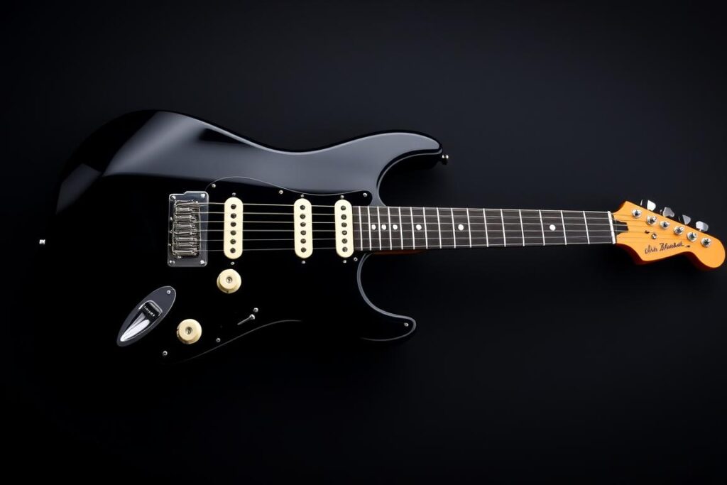 Solid body electric guitar with pickups and controls